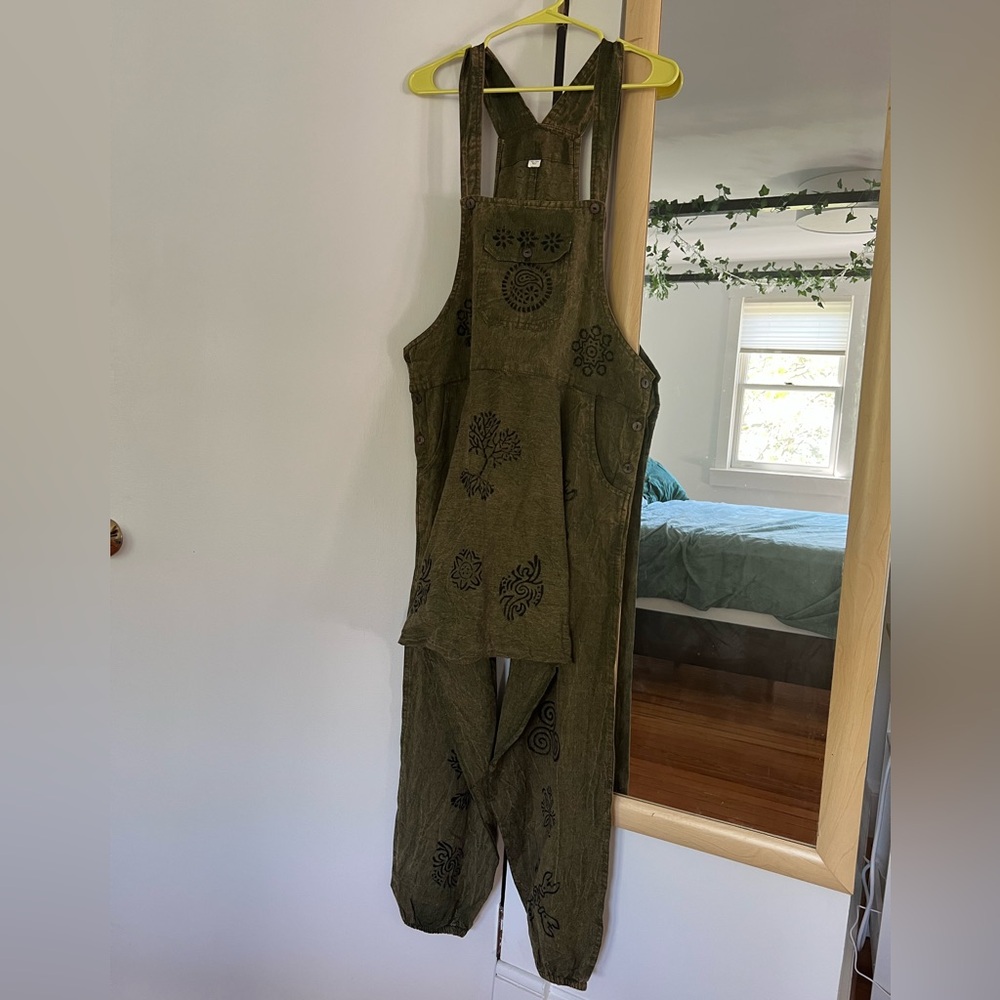 Hippie Boho Green Patterned Cotton Harem Overalls